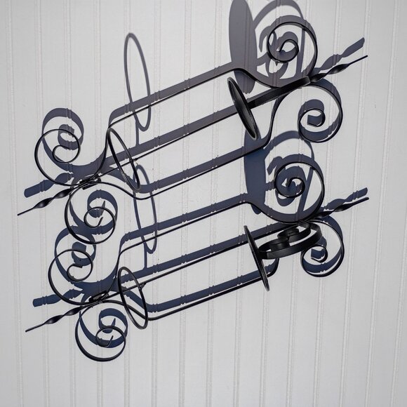 Black Wrought Iron Wall Sconce Pair Pillar Candle Holders Sconces Candelabras - Picture 6 of 9